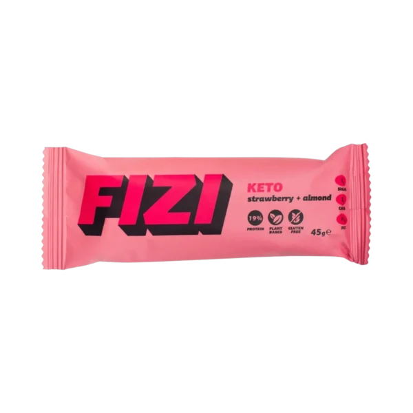 KETO baltymininis batonėlis su liofilizuotomis braškėmis ir migdolais, su saldikliais | Fizi (45 g)