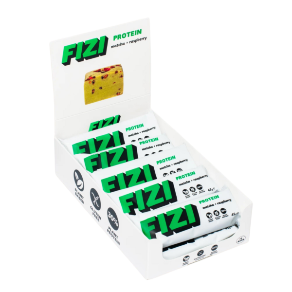 Dėžutė baltymininių batonėlių su matcha ir džiovintomis avietėmis | Fizi (10x45 g)