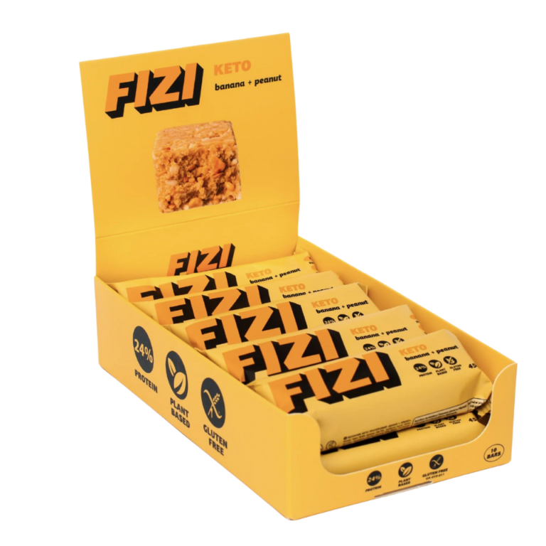 Dėžutė KETO baltymininių batonėlių su liofilizuotais bananais ir linų sėmenimis | Fizi (10x45 g)