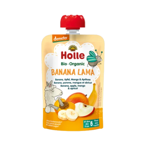 Ekologiška bananų, obuolių, mangų ir abrikosų tyrelė BANANA LAMA | Holle (100 g)