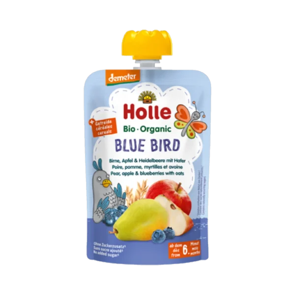 Ekologiška kriaušių, obuolių, mėlynių ir avižų tyrelė BLUE BIRD | Holle (100 g)