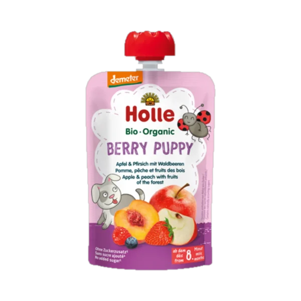 Ekologiška obuolių, persikų ir uogų tyrelė BERRY PUPPY | Holle (100 g)