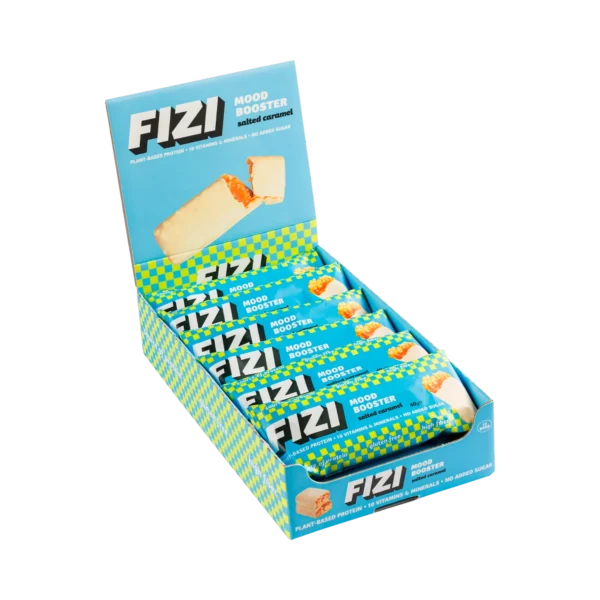Dėžutė batonėlių su šokolado glazūra „SALTED CARAMEL” su saldikliais, be pridėtinio cukraus | Fizi (12 x 40 g)