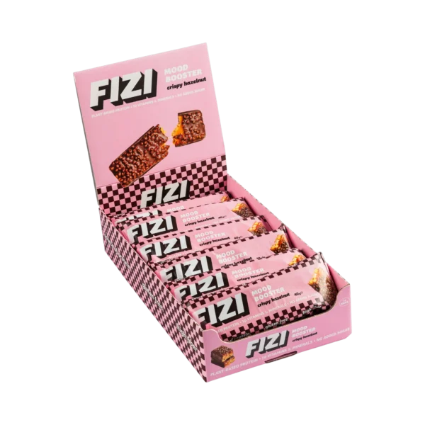 Dėžutė batonėlių su šokolado glazūra „CRISPY HAZELNUT” su saldikliais, be pridėtinio cukraus | Fizi (12 x 40 g)