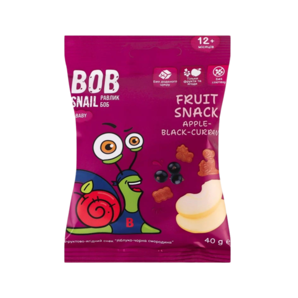 MAXI vaisių užkandis obuolys - juodieji serbentai, be glitimo | Bob Snail (40g)