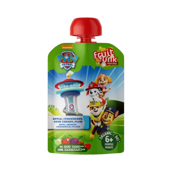 Ekologiška švelni obuolių, braškių, vyšnių ir slyvų tyrelė, be pridėtinio cukraus | FruitFunk (90 g)
