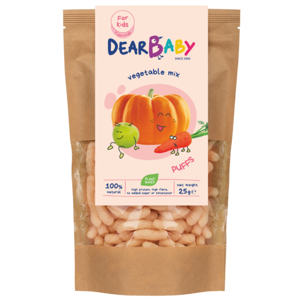Daržovių mišinio skonio lęšių, kukurūzų užkandis - 20% BALTYMŲ | Dear baby (25 g)