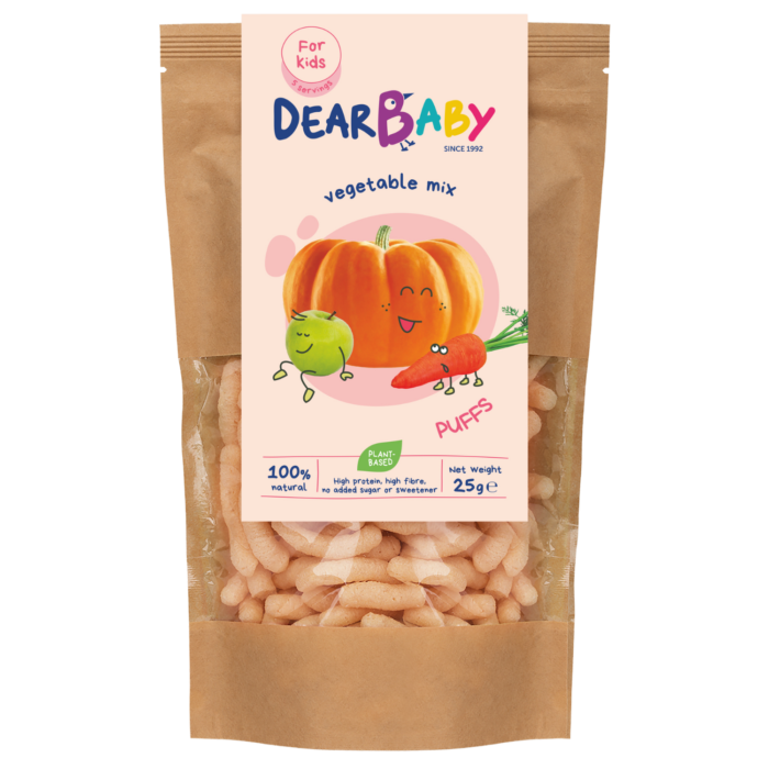 Daržovių mišinio skonio lęšių, kukurūzų užkandis - 20% BALTYMŲ | Dear baby (25 g)