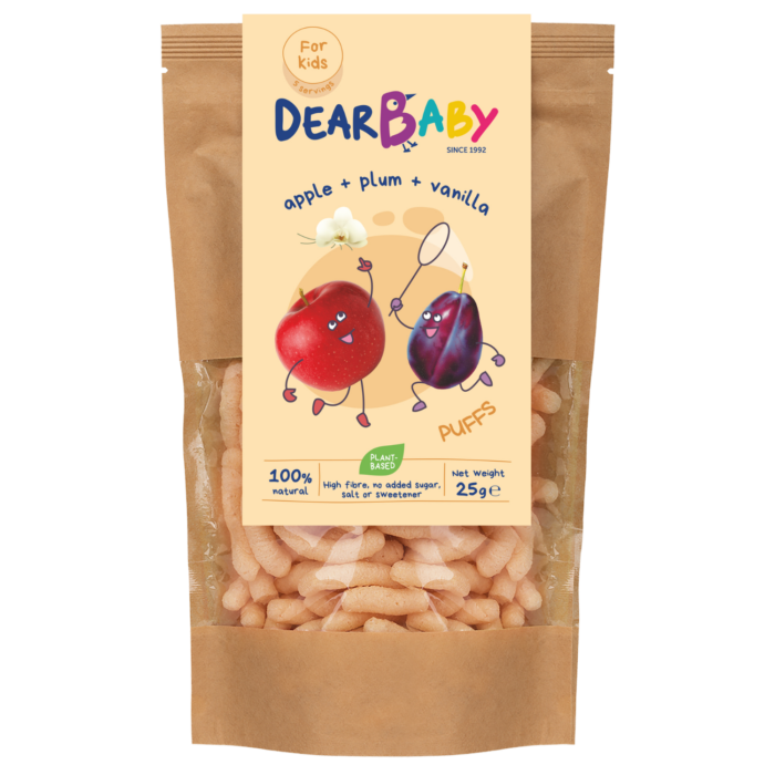 Liofilizuotų obuolių ir slyvų skonio grūdų užkandis | Dear baby (25 g)