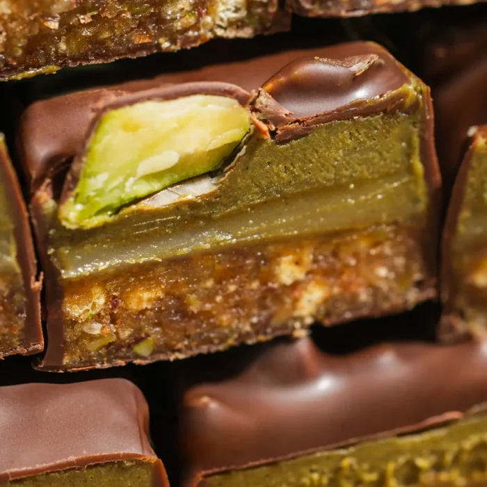 Šokoladu aplietas batonėlis „QUEEN PISTACHIO“ su datulėmis, pistacijomis ir karamelės skonio įdaru | Fizi (40 g)