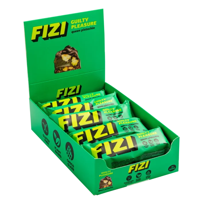 Dėžutė šokoladu aplietų batonėlių „QUEEN PISTACHIO“ | Fizi (10 x 40 g)