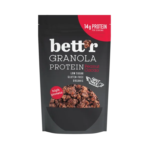 Ekologiška baltyminė granola su žemės riešutais ir kakava, su saldikliu, be glitimo | bett’r (300 g)