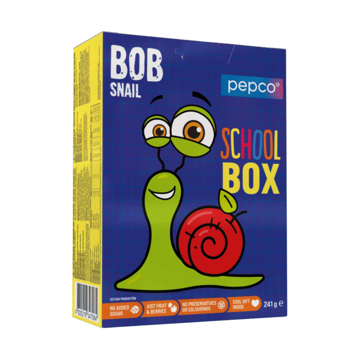 Vaisių užkandžių rinkinys su žaisliuku ir lipdukais "SCHOOL BOX", be pridėtinio cukraus | Bob Snail (231 g)