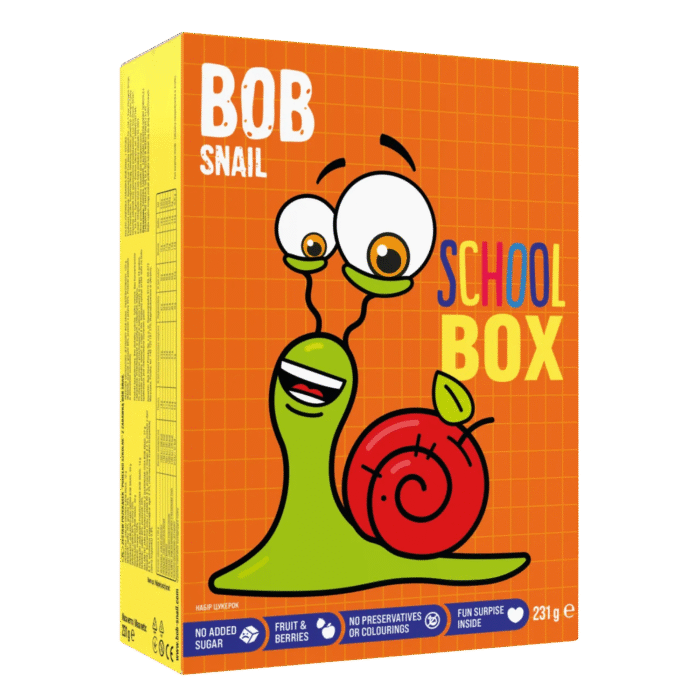 Vaisių užkandžių rinkinys su žaisliuku ir lipdukais "SCHOOL BOX", be pridėtinio cukraus | Bob Snail (231 g)