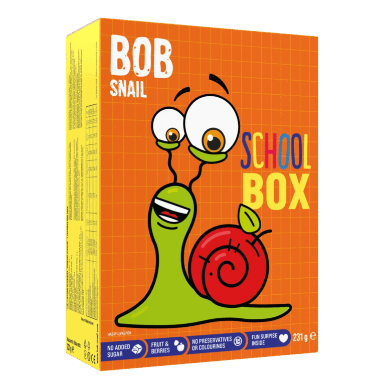 Vaisių užkandžių rinkinys su žaisliuku ir lipdukais "SCHOOL BOX", be pridėtinio cukraus | Bob Snail (231 g)