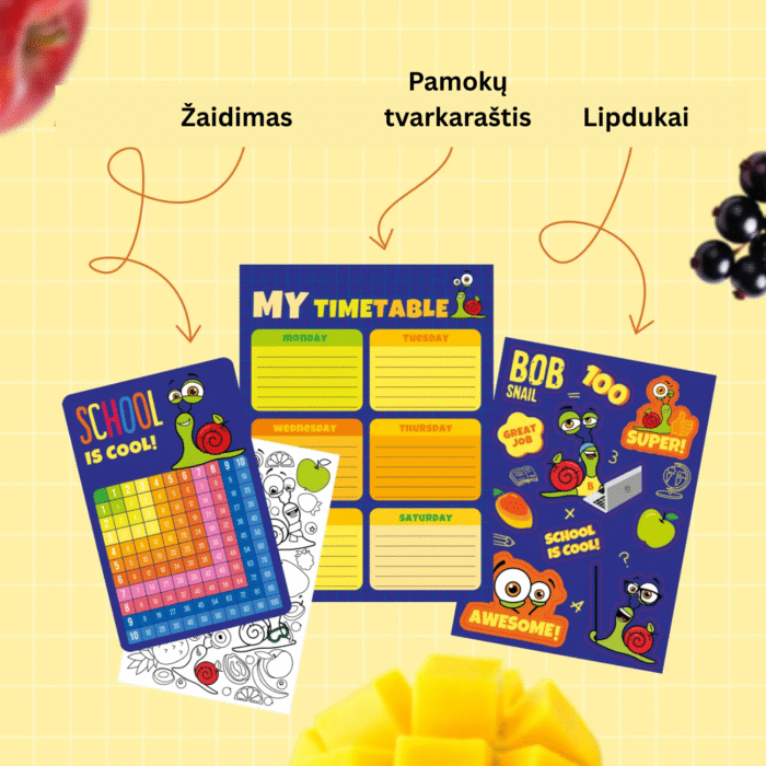Vaisių užkandžių rinkinys su žaisliuku ir lipdukais "SCHOOL BOX", be pridėtinio cukraus | Bob Snail (231 g)