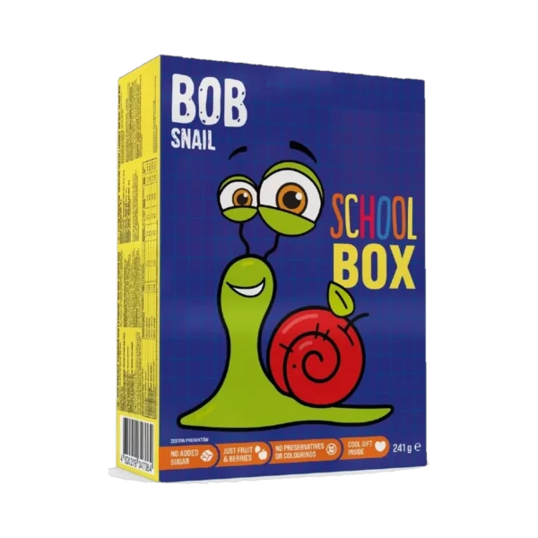 Vaisių užkandžių rinkinys su žaisliuku ir lipdukais „SCHOOL BOX”, be pridėtinio cukraus | Bob Snail (231 g)