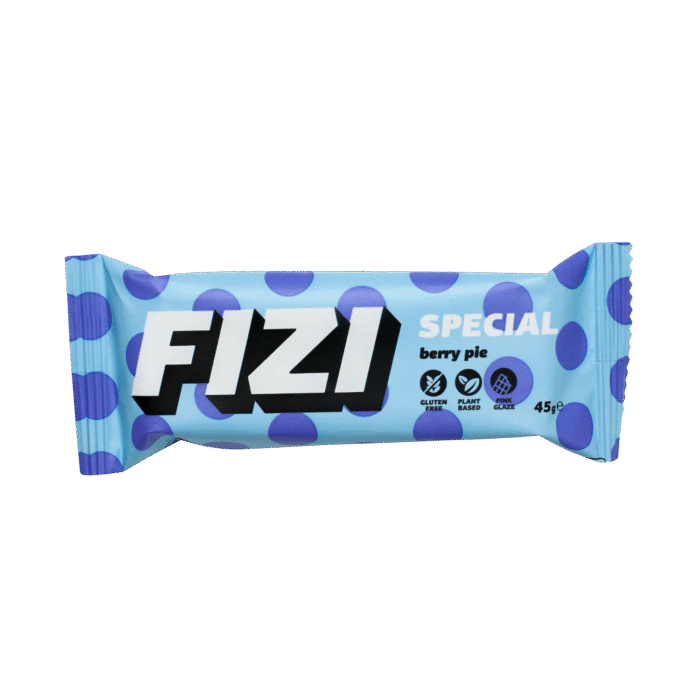 Rožine glazūra aplietų batonėlių rinkinys “BERRY PIE” su kokosu, migdolais ir avietėmis | FIZI (10 x 40 g)