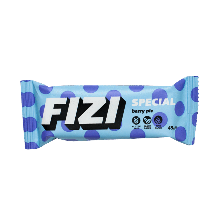 Rožine glazūra aplietų batonėlių rinkinys “BERRY PIE” su kokosu, migdolais ir avietėmis | FIZI (10 x 40 g)