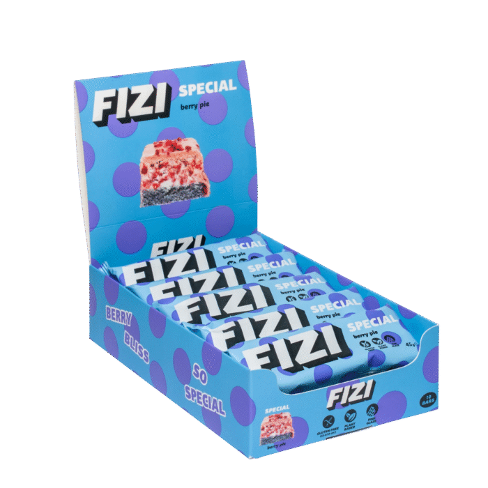 Rožine glazūra aplietų batonėlių rinkinys “BERRY PIE” su kokosu, migdolais ir avietėmis | FIZI (10 x 40 g)