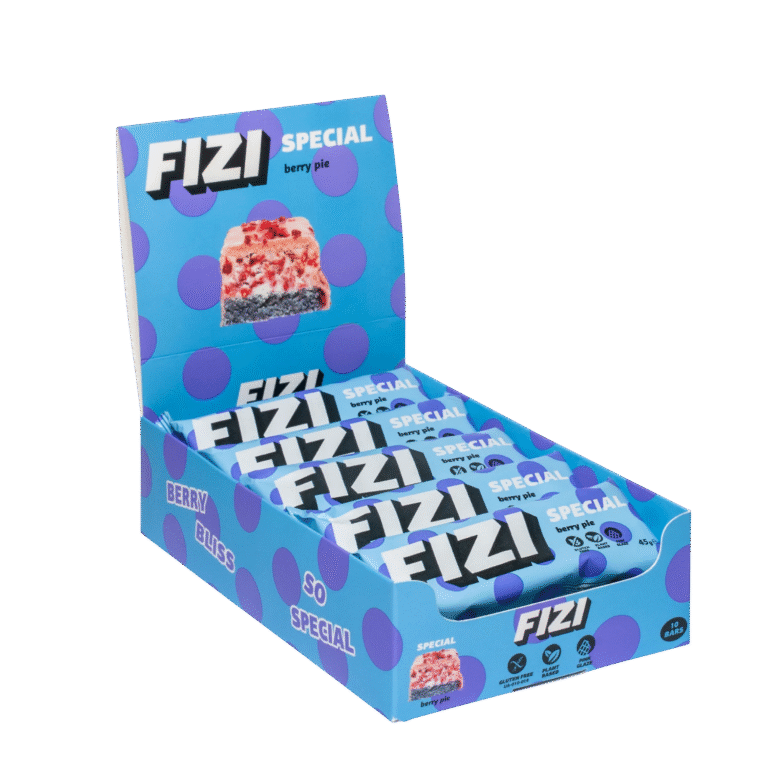 Rožine glazūra aplietų batonėlių rinkinys “BERRY PIE” su kokosu, migdolais ir avietėmis | FIZI (10 x 40 g)
