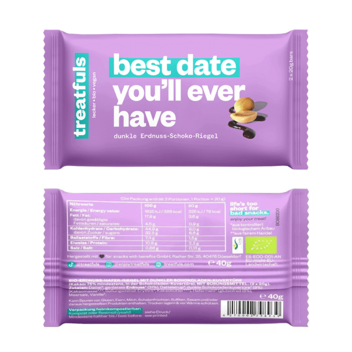 Ekologiškas žemės riešutų ir juodo šokolado batonėlis BEST DATE YOU'LL EVER HAVE, be glitimo | treatfuls (2x20 g)