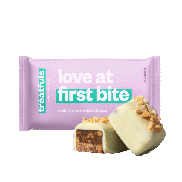 Ekologiškas žemės riešutų ir baltojo šokolado batonėlis LOVE AT FIRST BITE, be glitimo | treatfuls (2x20 g)