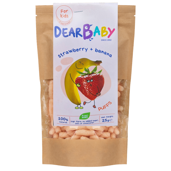 Braškių ir bananų skonio užkandis, be pridėtinio cukraus | Dear baby (25g)