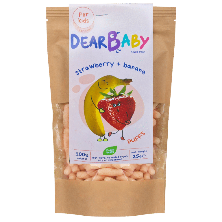 Braškių ir bananų skonio užkandis, be pridėtinio cukraus | Dear baby (25g)