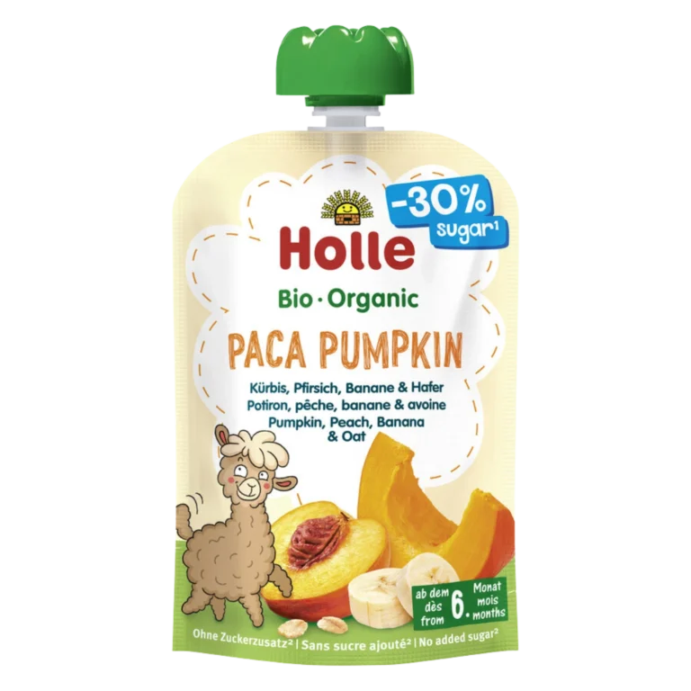 Ekologiška moliūgų, persikų, bananų ir avižų tyrelė, be glitimo | Holle (100 g)