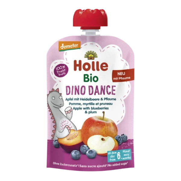Ekologiška obuolių, mėlynių ir slyvų tyrelė DINO DANCE, be glitimo | Holle (100 g)