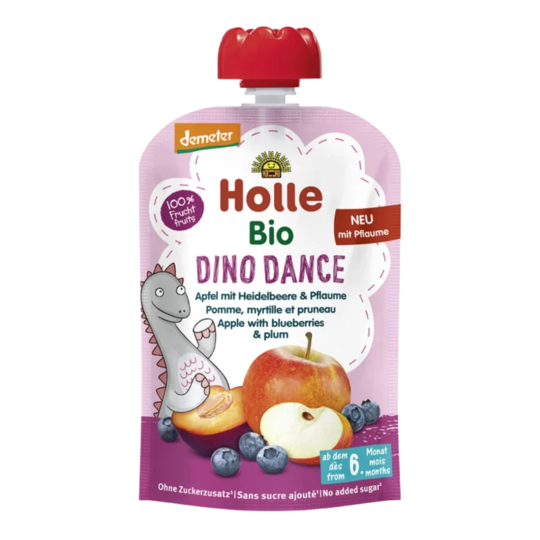 Ekologiška obuolių, mėlynių ir slyvų tyrelė DINO DANCE, be glitimo | Holle (100 g)