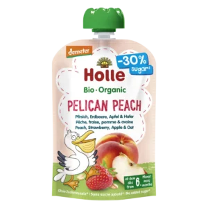 Ekologiška persikų, obuolių, braškių ir avižų tyrelė PELIKAN PEACH, be glitimo | Holle (100 g)