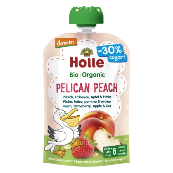 Ekologiška persikų, obuolių, braškių ir avižų tyrelė PELIKAN PEACH, be glitimo | Holle (100 g)