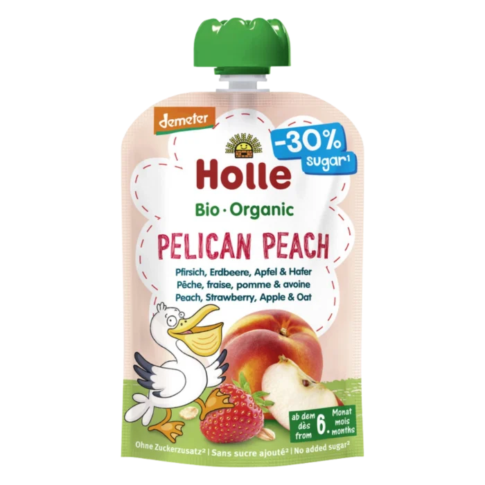 Ekologiška persikų, obuolių, braškių ir avižų tyrelė PELIKAN PEACH, be glitimo | Holle (100 g)