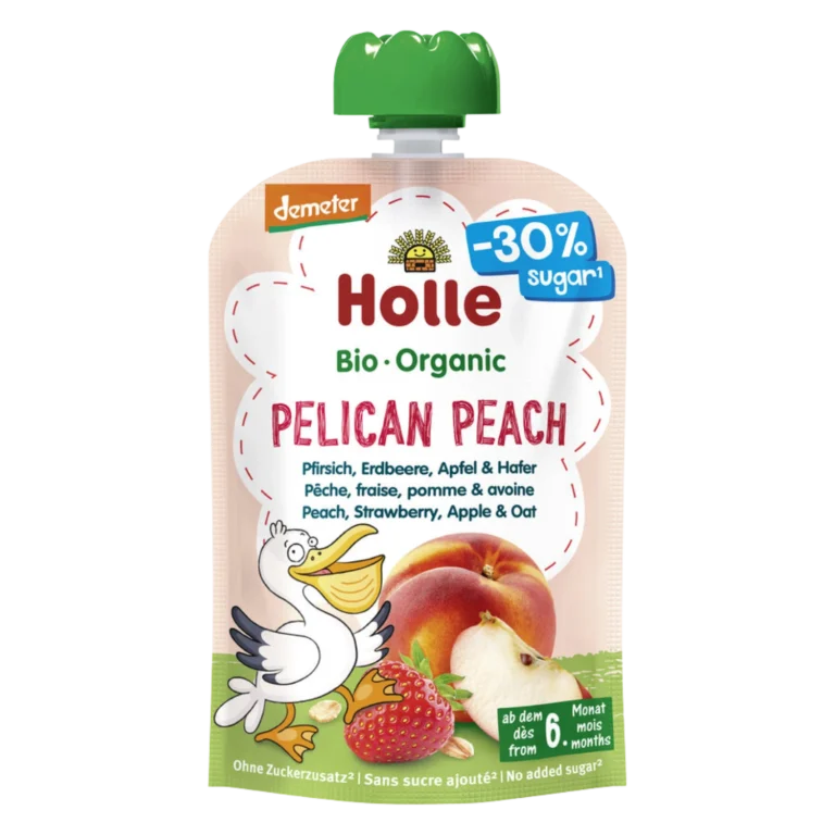 Ekologiška persikų, obuolių, braškių ir avižų tyrelė PELIKAN PEACH, be glitimo | Holle (100 g)