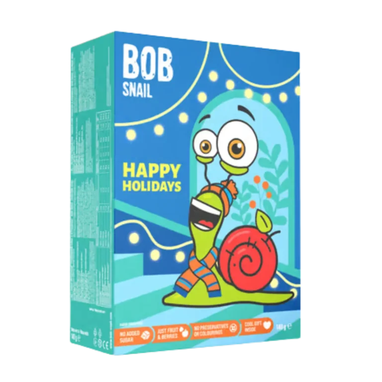 Šventinis užkandžių rinkinys su žaisliuku ir lipdukais "HAPPY HOLIDAYS", be pridėtinio cukraus | Bob Snail (140 g)