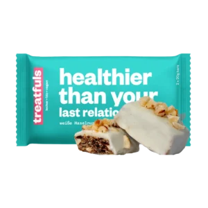 Ekologiškas lazdyno riešutų ir baltojo šokolado batonėlis HEALTHIER THAN YOUR LAST RELATIONSHIP, be glitimo | treatfuls (2x20 g)