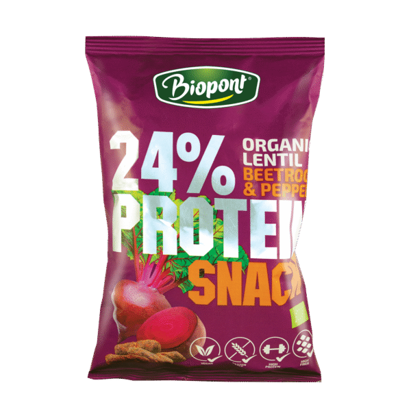 Ekologiški lęšių traškučiai su burokėlių ir paprikų prieskoniais BIOPONT be glitimo, 50 g