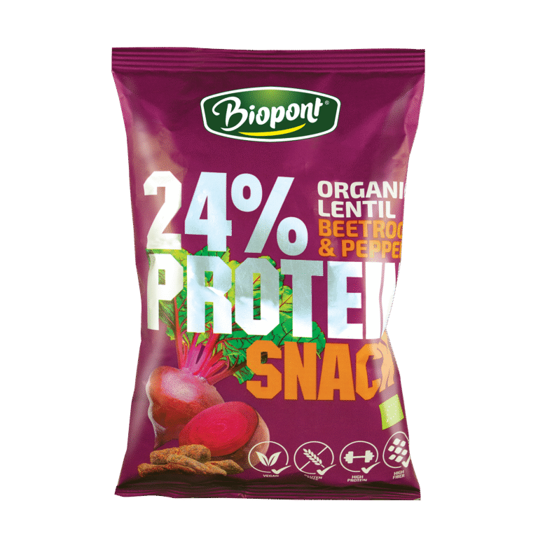 Ekologiški lęšių traškučiai su burokėlių ir paprikų prieskoniais BIOPONT be glitimo, 50 g