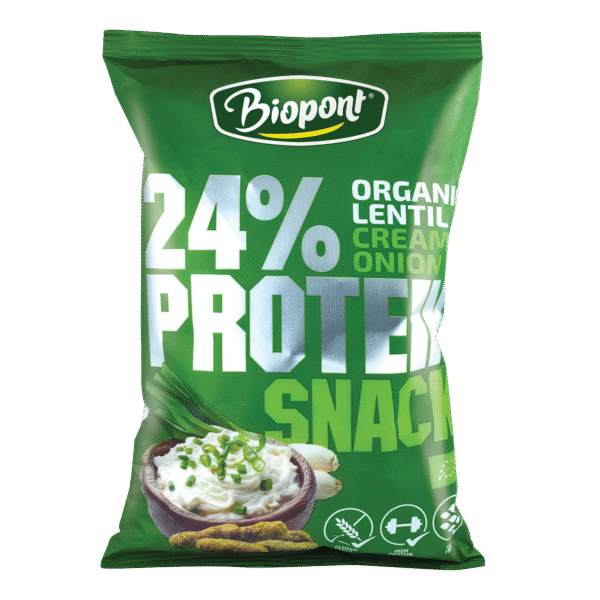 Ekologiški lęšių traškučiai su kreminiais svogūnų prieskoniais, be glitimo | BIOPONT (50 g)