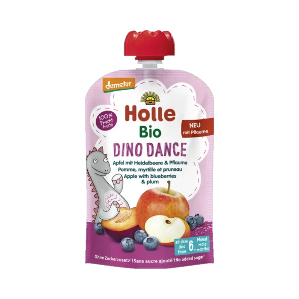 Ekologiška obuolių, mėlynių ir slyvų tyrelė DINO DANCE, be glitimo | Holle (100 g)