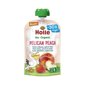 Ekologiška persikų, obuolių, braškių ir avižų tyrelė PELIKAN PEACH, be glitimo | Holle (100 g)