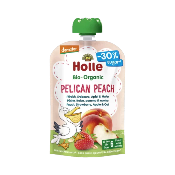 Ekologiška persikų, obuolių, braškių ir avižų tyrelė PELIKAN PEACH, be glitimo | Holle (100 g)