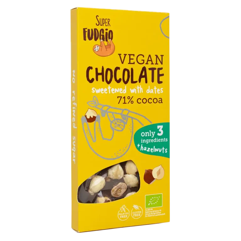 Ekologiškas 71% šokoladas su lazdyno riešutais, pasaldintas datulėmis, be glitimo | Super Fudgio 100g