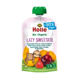 Ekologiška saldžios bulvės, slyvos, moliūgo ir braškių tyrelė be pridėtinio cukraus | Holle (100 g)