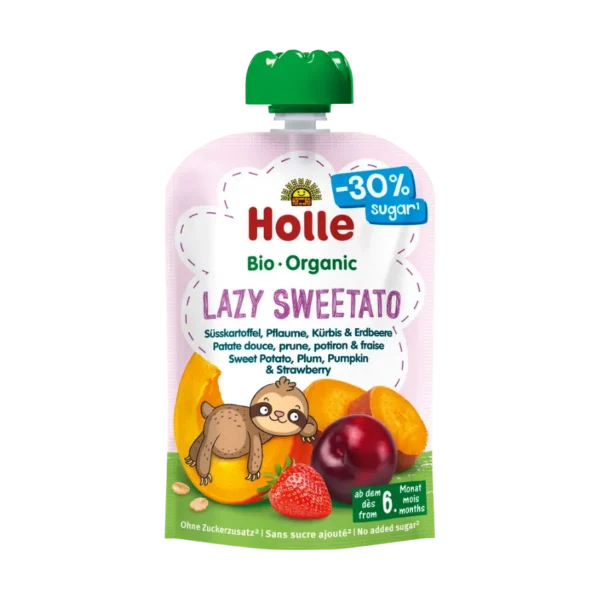 Ekologiška saldžios bulvės, slyvos, moliūgo ir braškių tyrelė be pridėtinio cukraus | Holle (100 g)