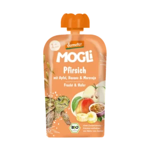 Ekologiški obuolių, persikų, bananų, pasifloros ir avižų putėsiai be pridėtinio cukraus | Mogli (100 g)