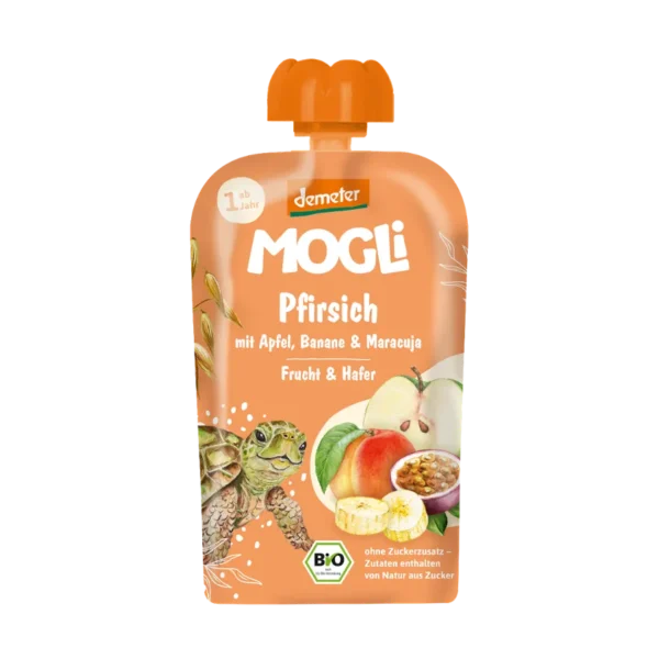 Ekologiški obuolių, persikų, bananų, pasifloros ir avižų putėsiai be pridėtinio cukraus | Mogli (100 g)