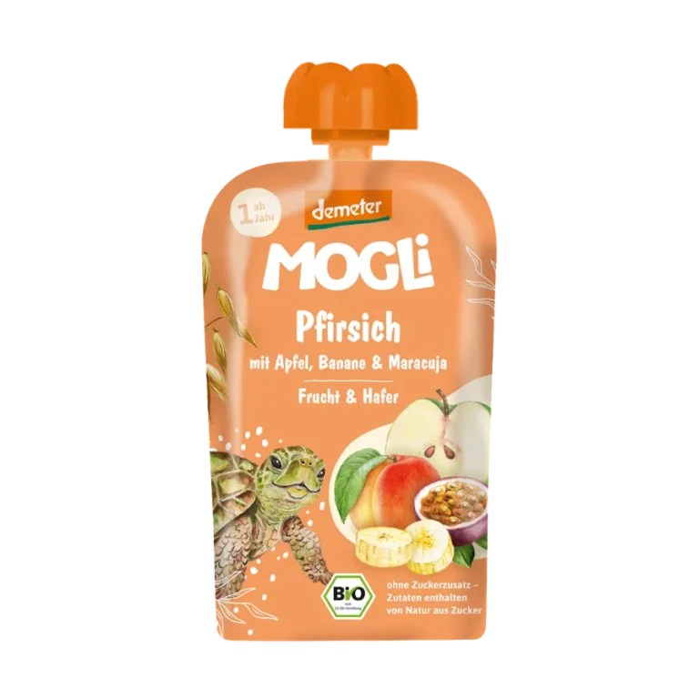 Ekologiški obuolių, persikų, bananų, pasifloros ir avižų putėsiai be pridėtinio cukraus | Mogli (100 g)